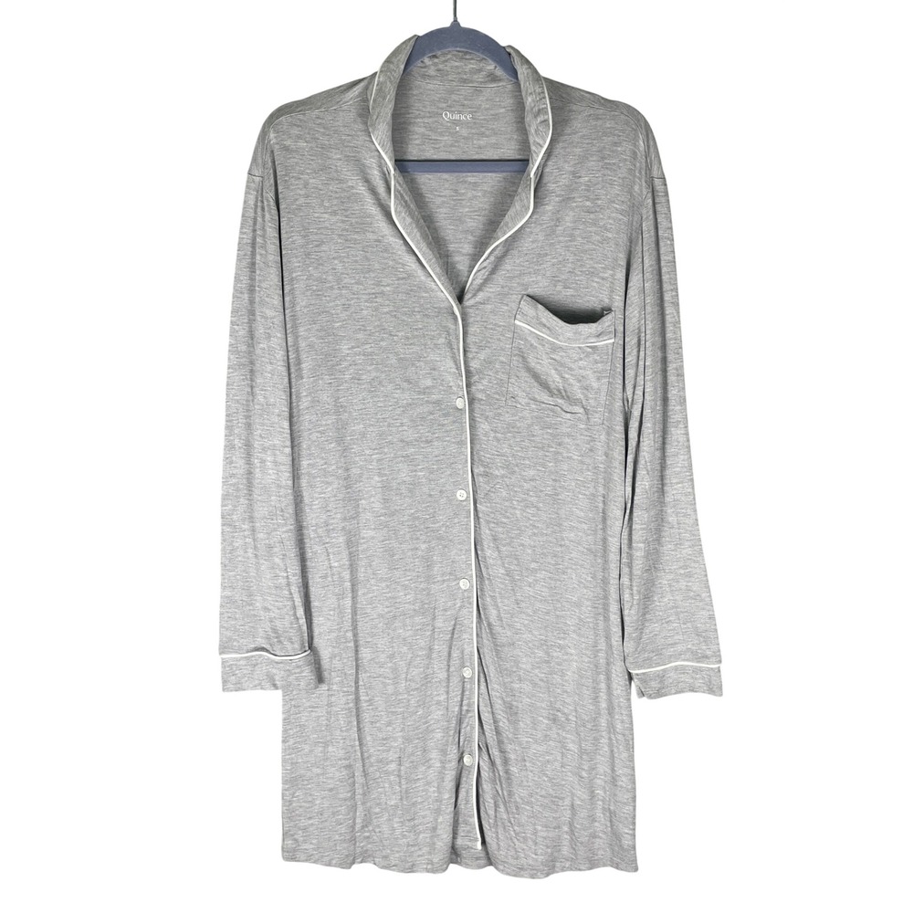 Quince Bamboo Jersey Sleep Shirt Womens S Heather Grey EUC Button Front Long Slv